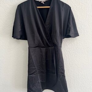 H&M Black Satin Mini Wrap Dress | Size S | Short Sleeve V-Neck Cocktail Style